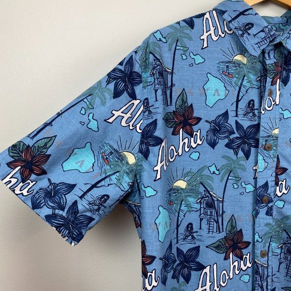 Croft & Barrow Button Up Shirt L Men Blue Short Sleeve Cotton Island Print Aloha - Picture 2 of 9